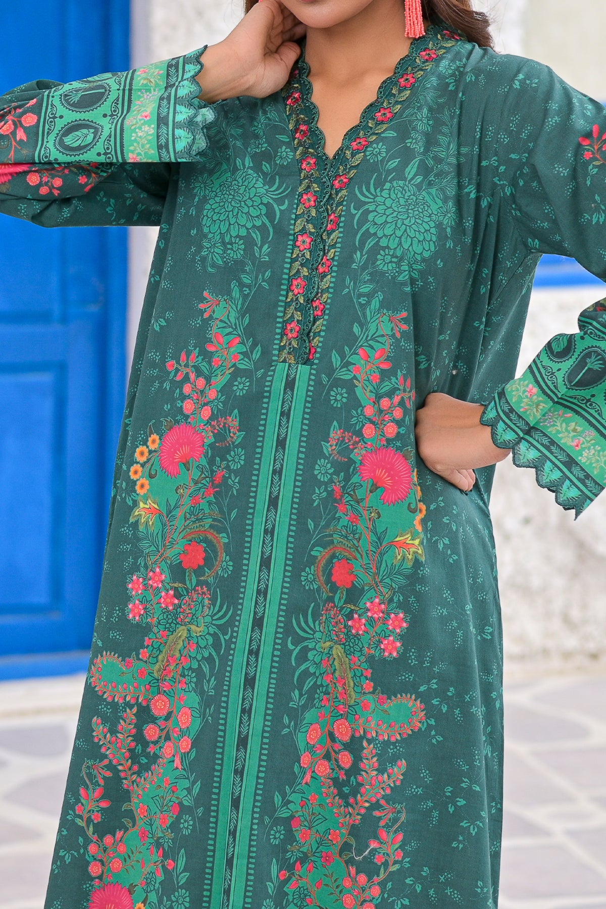 Ocean Green Floral Printed Lawn Suit | Embroidered Neckline | 2-Piece | DPC-448
