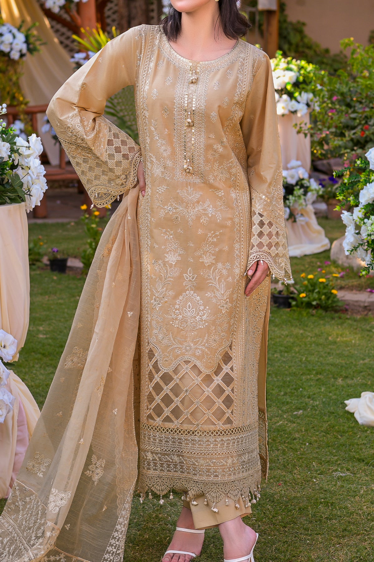 Skin Embroidered Cotton 3-Piece Suit | Organza Dupatta | CTN-466 Skin