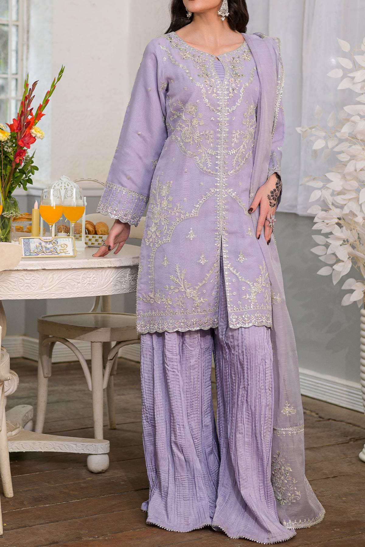 Lilac Embroidered Shirt Sharara 3-Piece | Soft Slub & Viscose | FJ-286