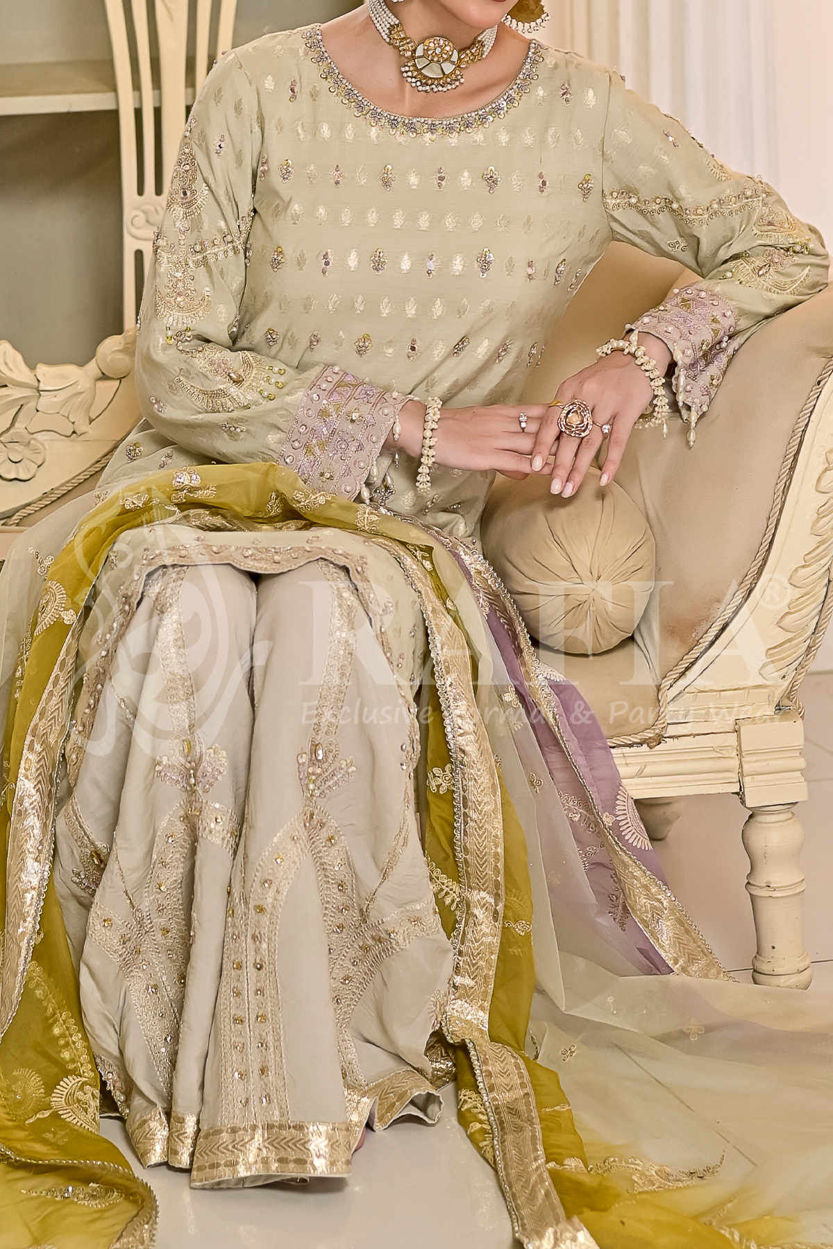 Pistachio Jacquard Sharara Suit | 3-Piece Pret | Zarufa Creations | RK-1288