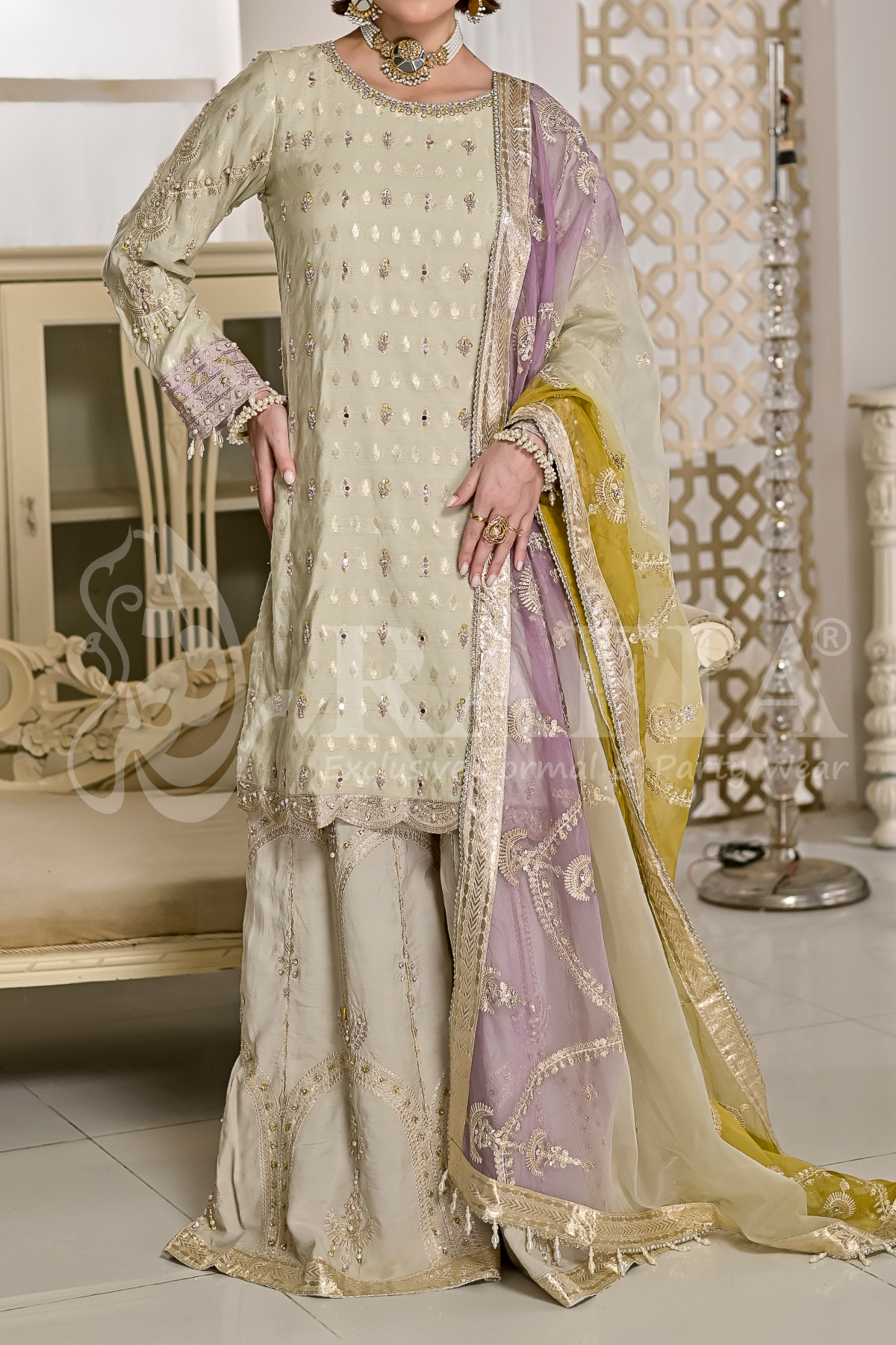 Pistachio golden lurex jacquard sharara suit with aari embroidery – Zarufa Creations RK-1288