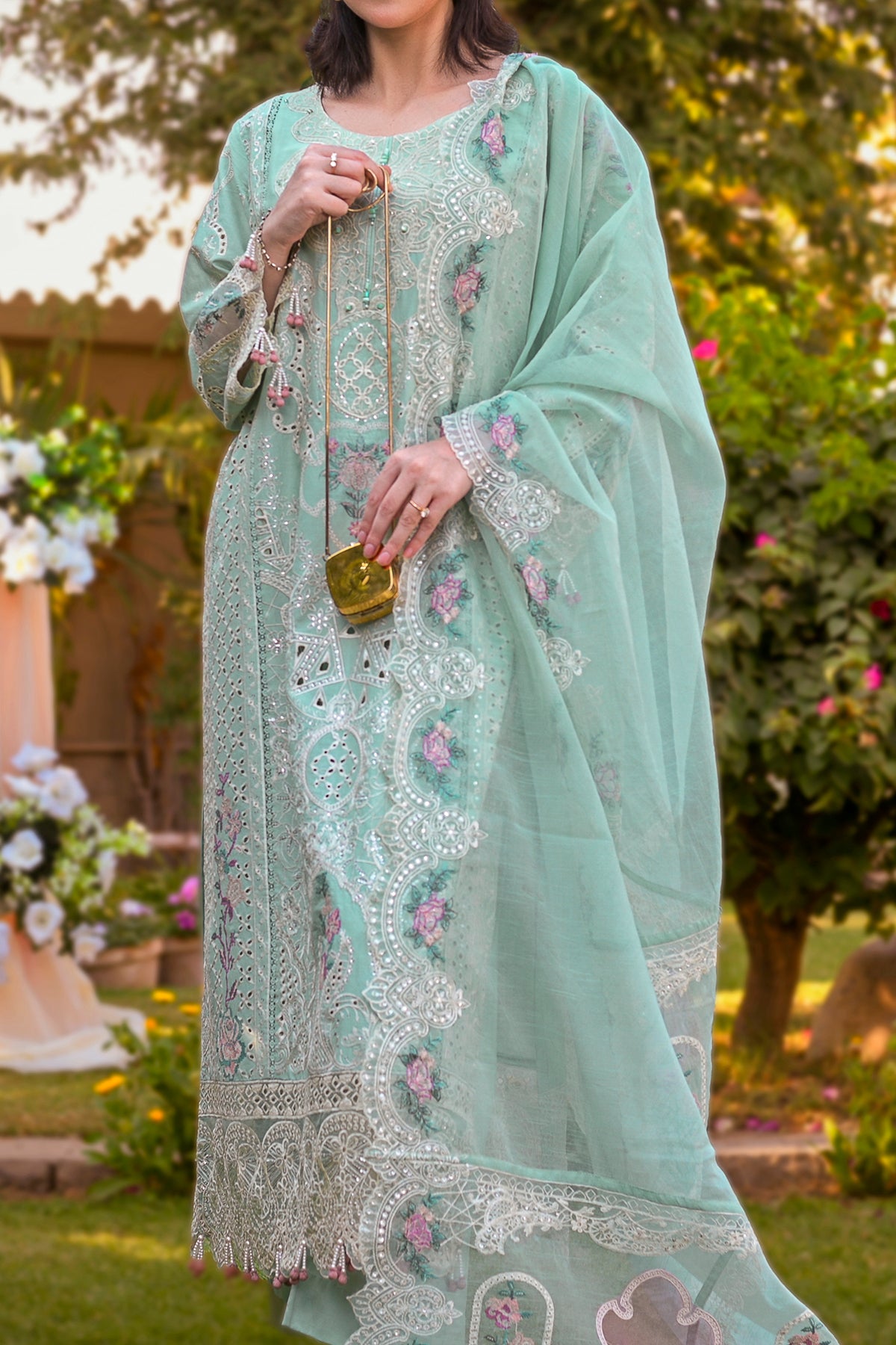 Powder blue embroidered cotton 3-piece suit with organza patches – CTN-469