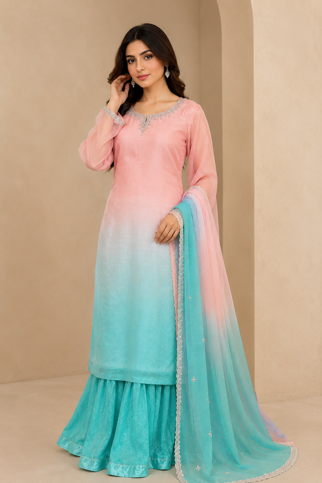 Shaded Silk Chiffon 3-Piece Gharara Suit | Pure Hand Embroidery | 7226