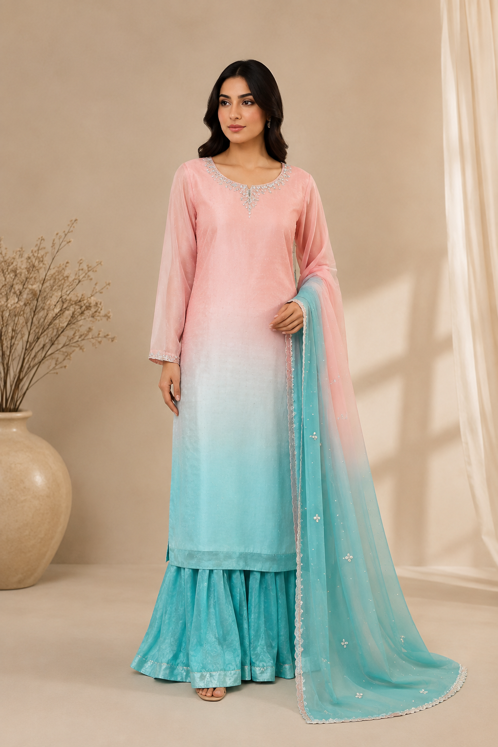 Shaded Silk Chiffon 3-Piece Gharara Suit | Pure Hand Embroidery | 7226