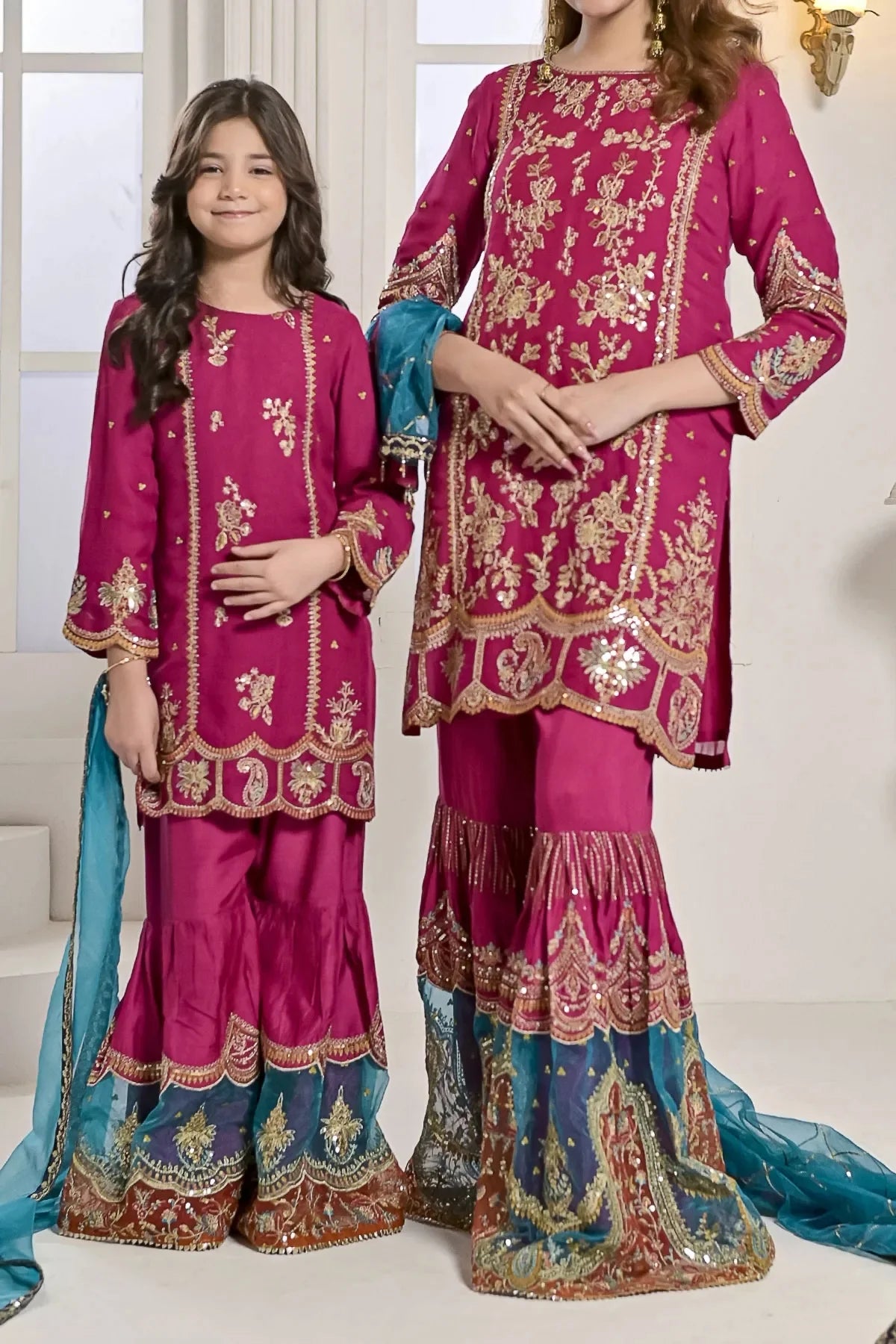 Shocking Pink Embroidered Chiffon Shirt Gharara Set | Pakistani Formal Occasion Wear | N 2423