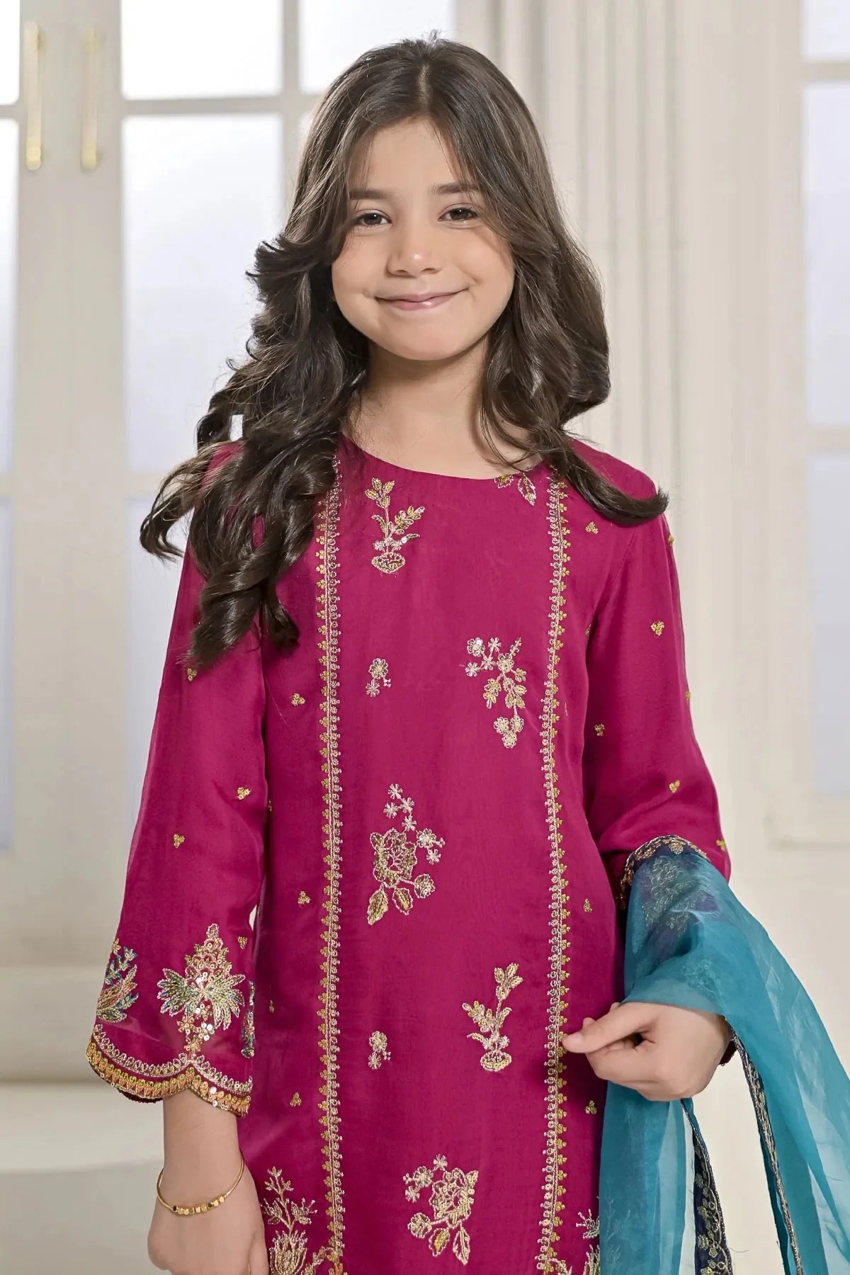Shocking Pink Embroidered Chiffon Shirt Gharara Set – Kids | Girls Pakistani Formal Wear | N 2423