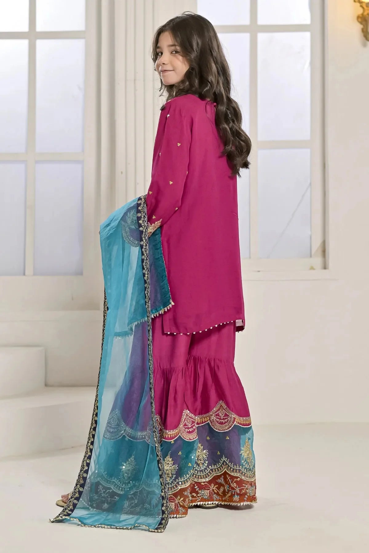 Shocking Pink Embroidered Chiffon Shirt Gharara Set – Kids | Girls Pakistani Formal Wear | N 2423