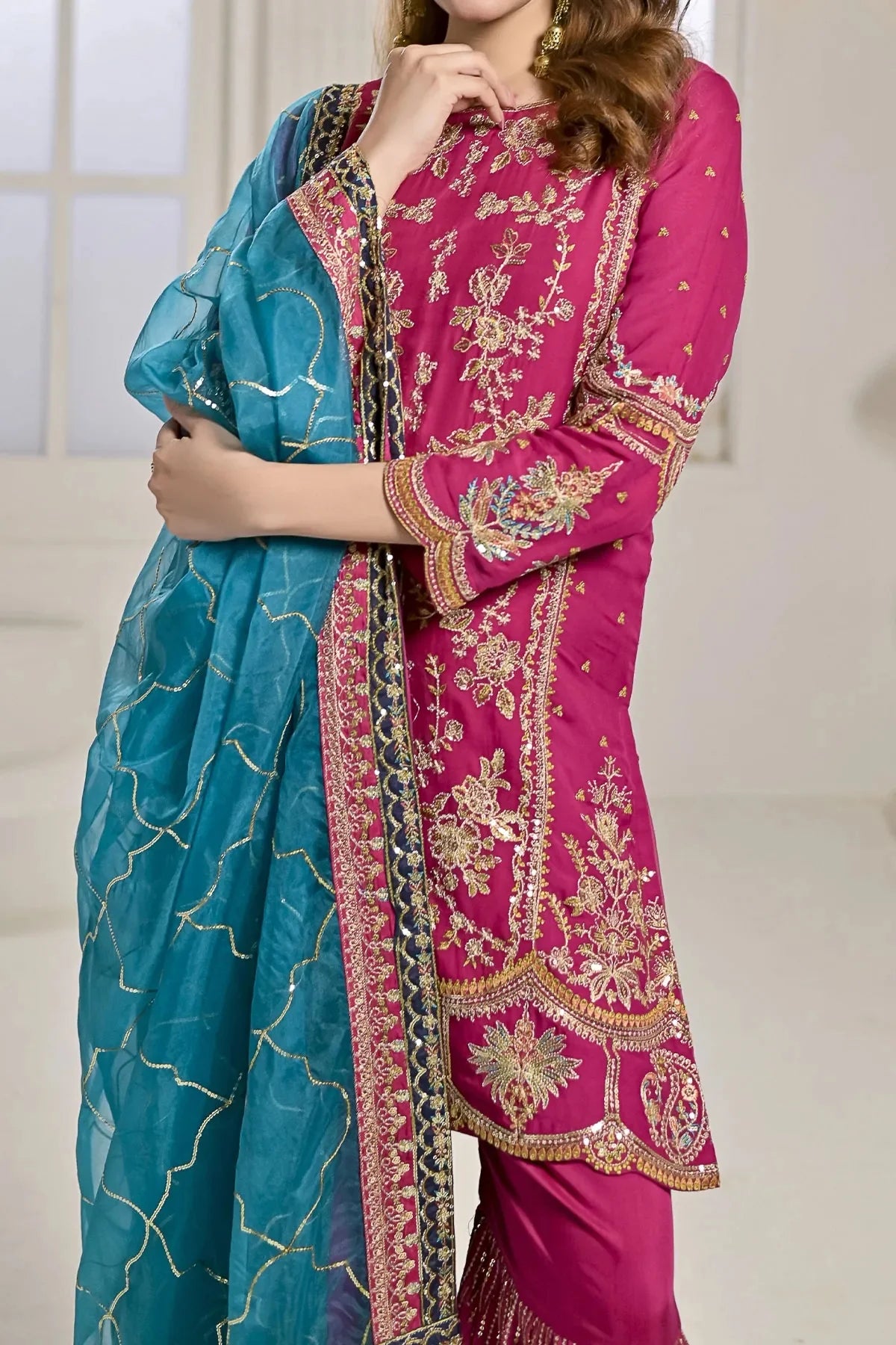 Shocking Pink Embroidered Chiffon Shirt Gharara Set | Pakistani Formal Occasion Wear | N 2423