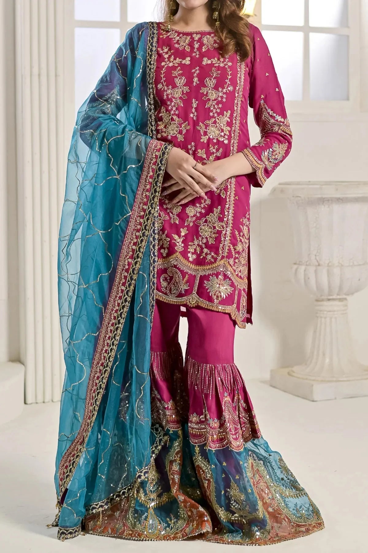 Shocking Pink Embroidered Chiffon Shirt Gharara Set | Pakistani Formal Occasion Wear | N 2423