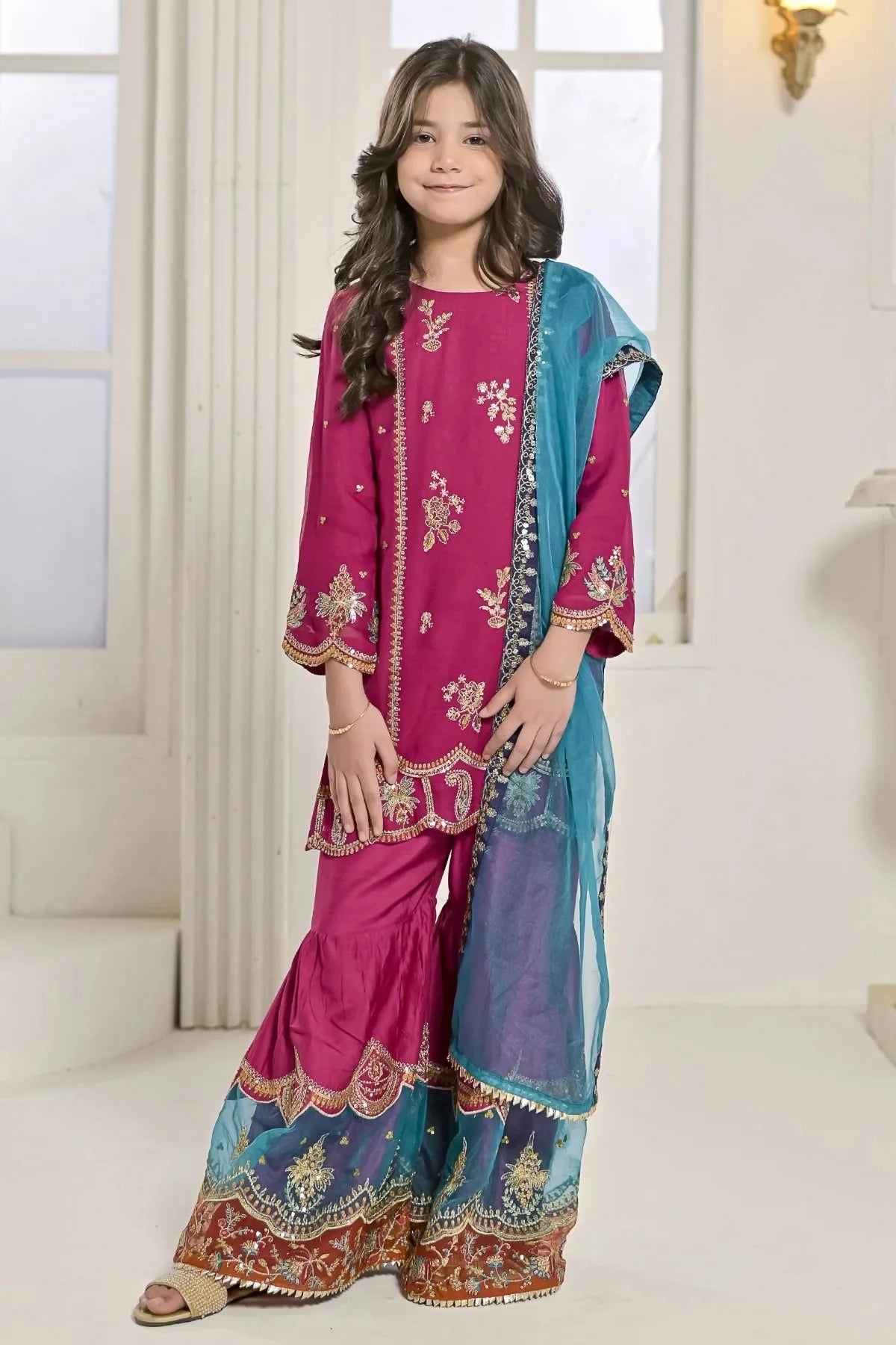Shocking Pink Embroidered Chiffon Shirt Gharara Set – Kids | Girls Pakistani Formal Wear | N 2423