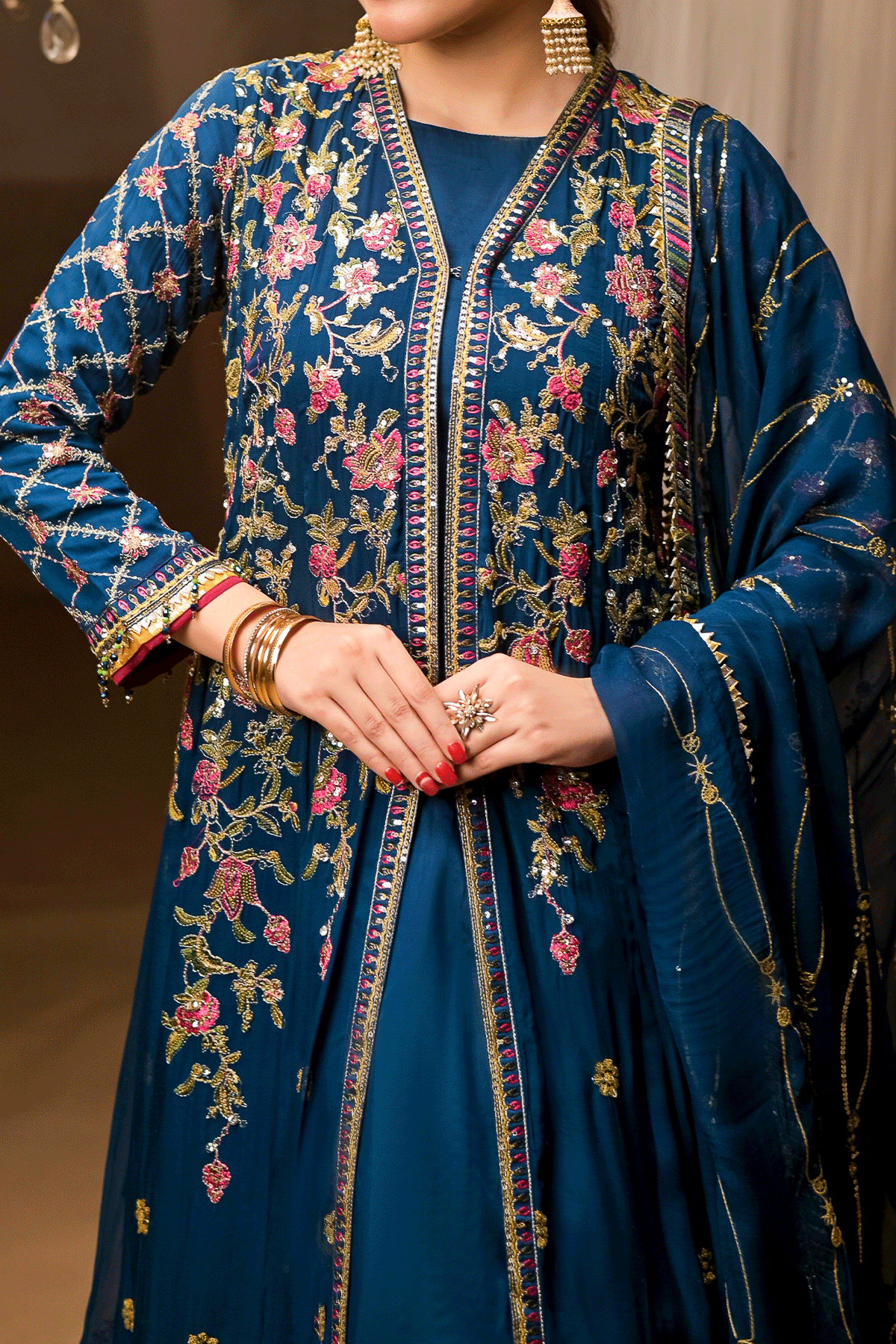 Teal Maxi Pishwas – Embroidered 3-Piece Ready-to-Wear Chiffon Outfit | N2431