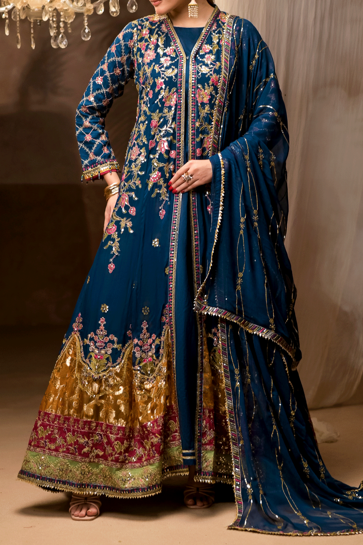 Teal maxi pishwas with zari and sequin embroidery – 3-piece ready-to-wear outfit