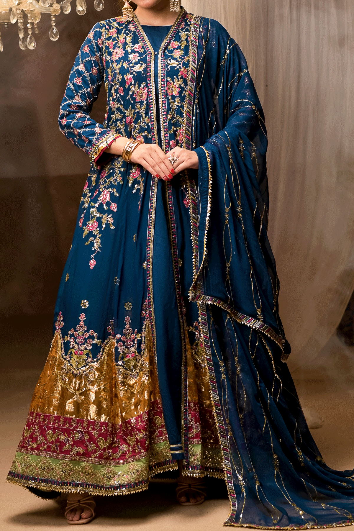 Teal maxi pishwas with zari and sequin embroidery – 3-piece ready-to-wear outfit