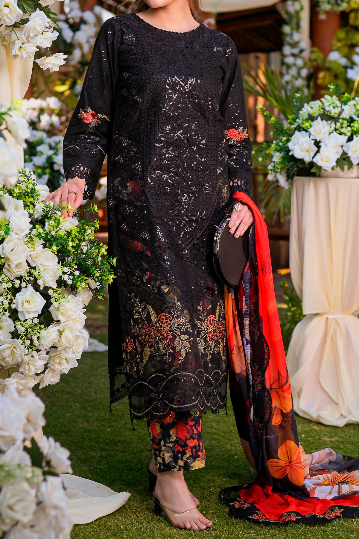 Black Embroidered Cotton 3-Piece Suit | Organza Dupatta | CTN-467