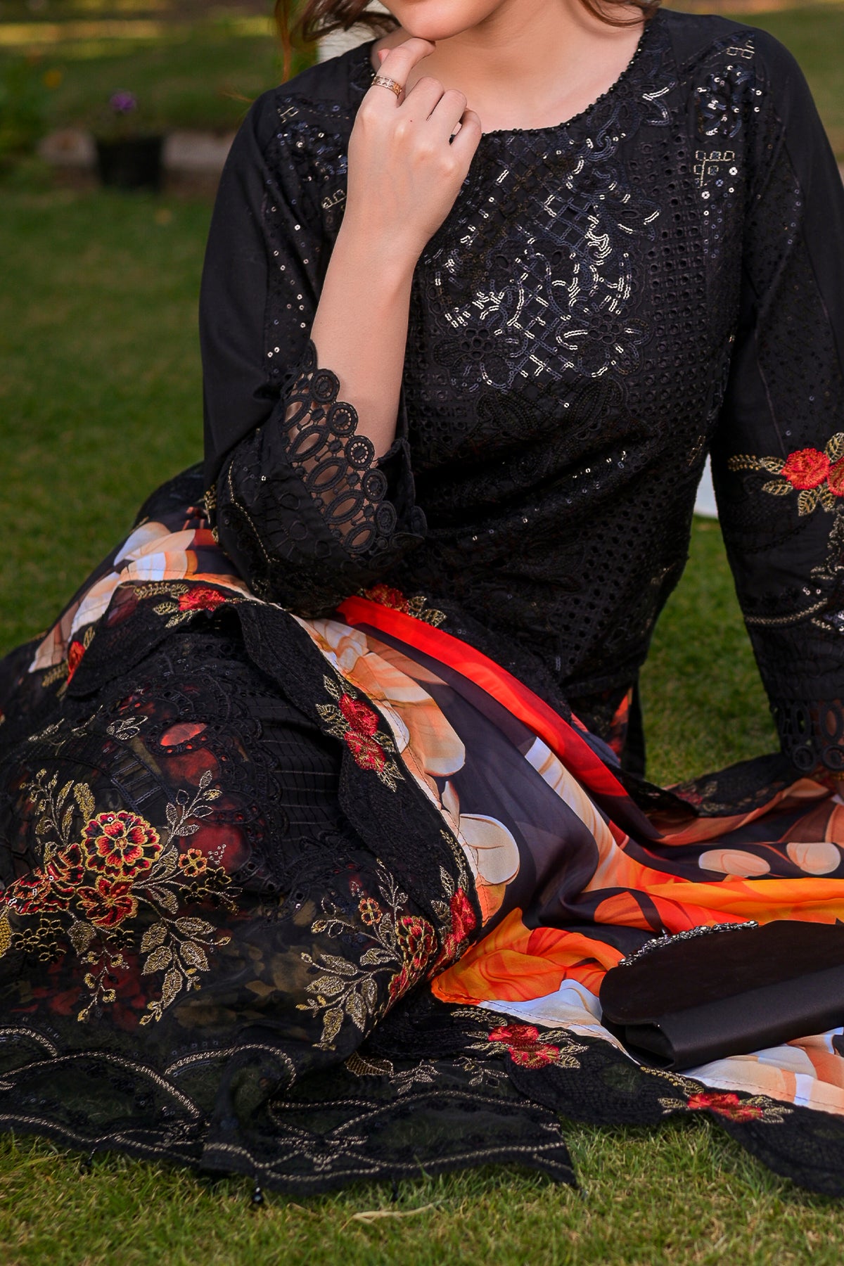 Black Embroidered Cotton 3-Piece Suit | Organza Dupatta | CTN-467