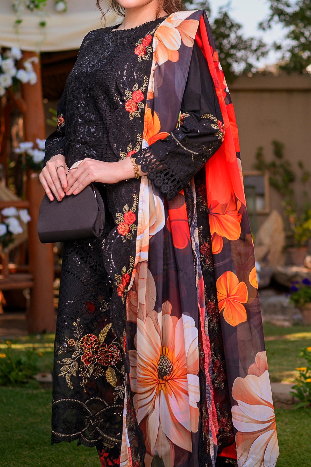 Black Embroidered Cotton 3-Piece Suit | Organza Dupatta | CTN-467