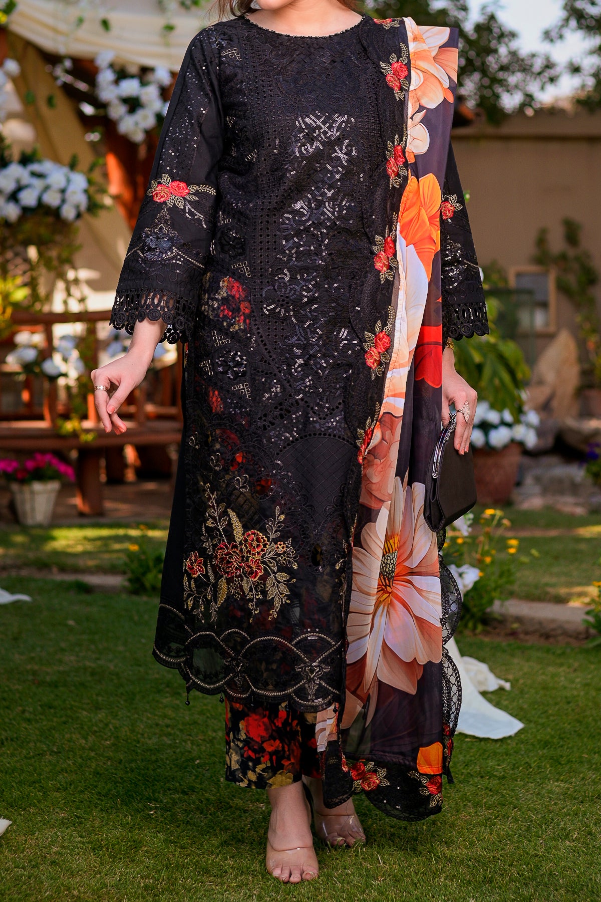 Black Embroidered Cotton 3-Piece Suit | Organza Dupatta | CTN-467