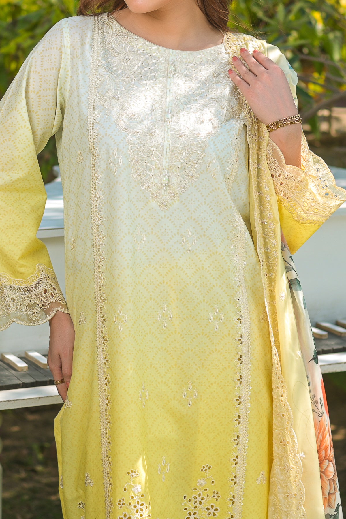 Lemon Embroidered Lawn Frock Suit | 3-Piece Ready to Wear | DPC427