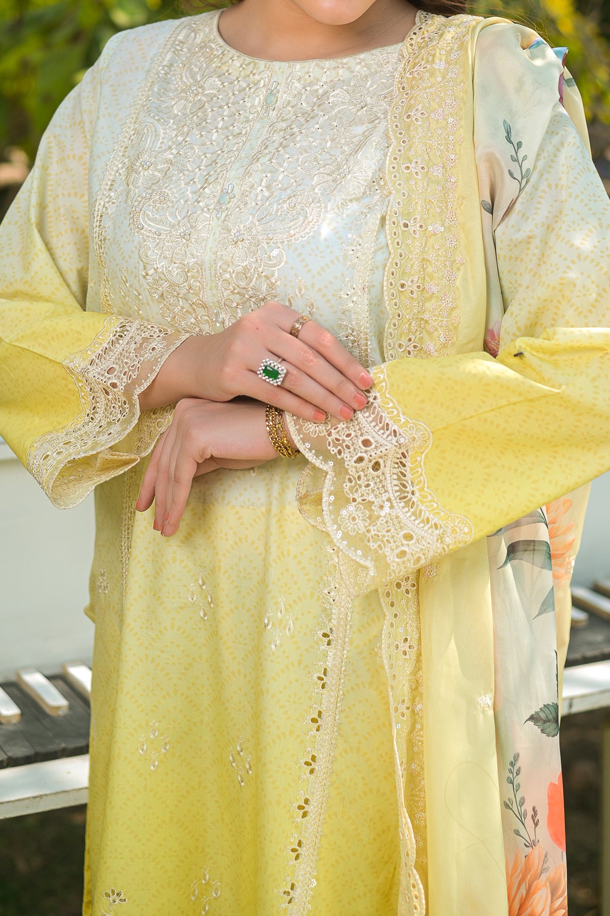 Lemon Embroidered Lawn Frock Suit | 3-Piece Ready to Wear | DPC427