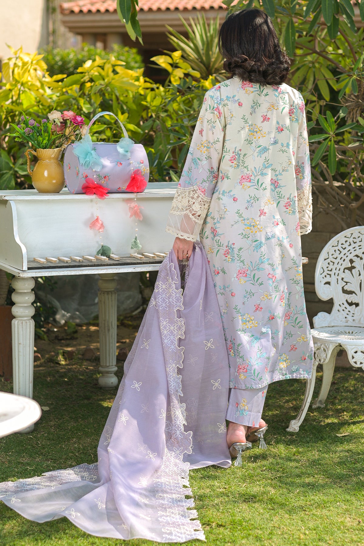 Lilac Chinkarri Embroidered Lawn 3-Piece Suit | Floral Chiffon Dupatta | DPC-429