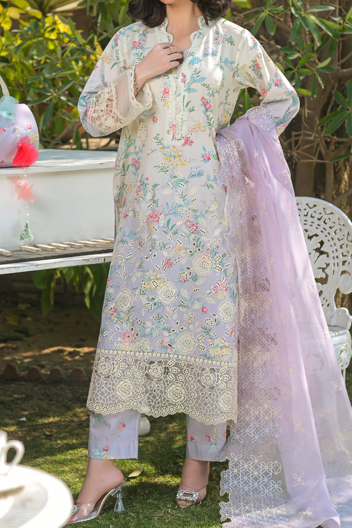 Lilac Chinkarri Embroidered Lawn 3-Piece Suit | Floral Chiffon Dupatta | DPC-429