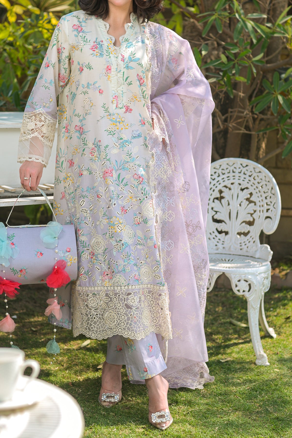 Lilac Chinkarri Embroidered Lawn 3-Piece Suit | Floral Chiffon Dupatta | DPC-429