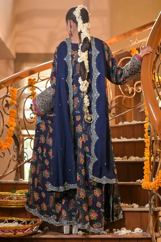 WOMEN'S PRET-CHIFFON DRESS | Dark Blue | Shalwar Kameez Fancy dress