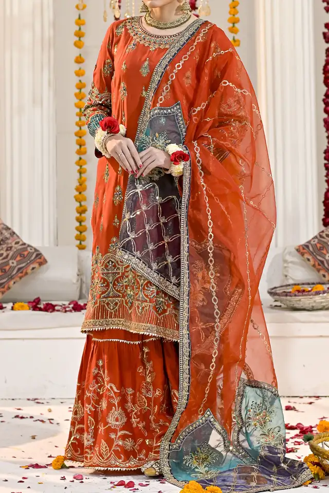 Hot rust embroidered chiffon shirt with ghrara and tissu dupatta for women