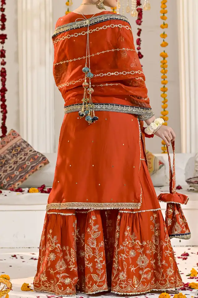 Hot rust embroidered chiffon shirt with ghrara and tissu dupatta for women