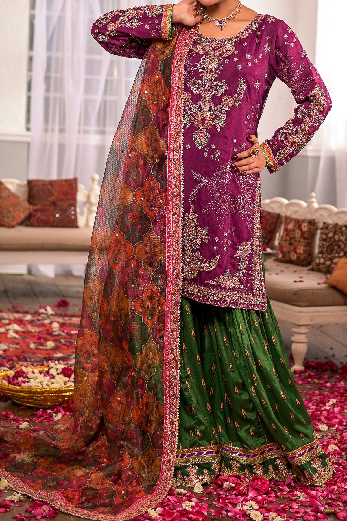 Purple and green embroidered shirt gharara set with dupatta — Pakistani formal wear