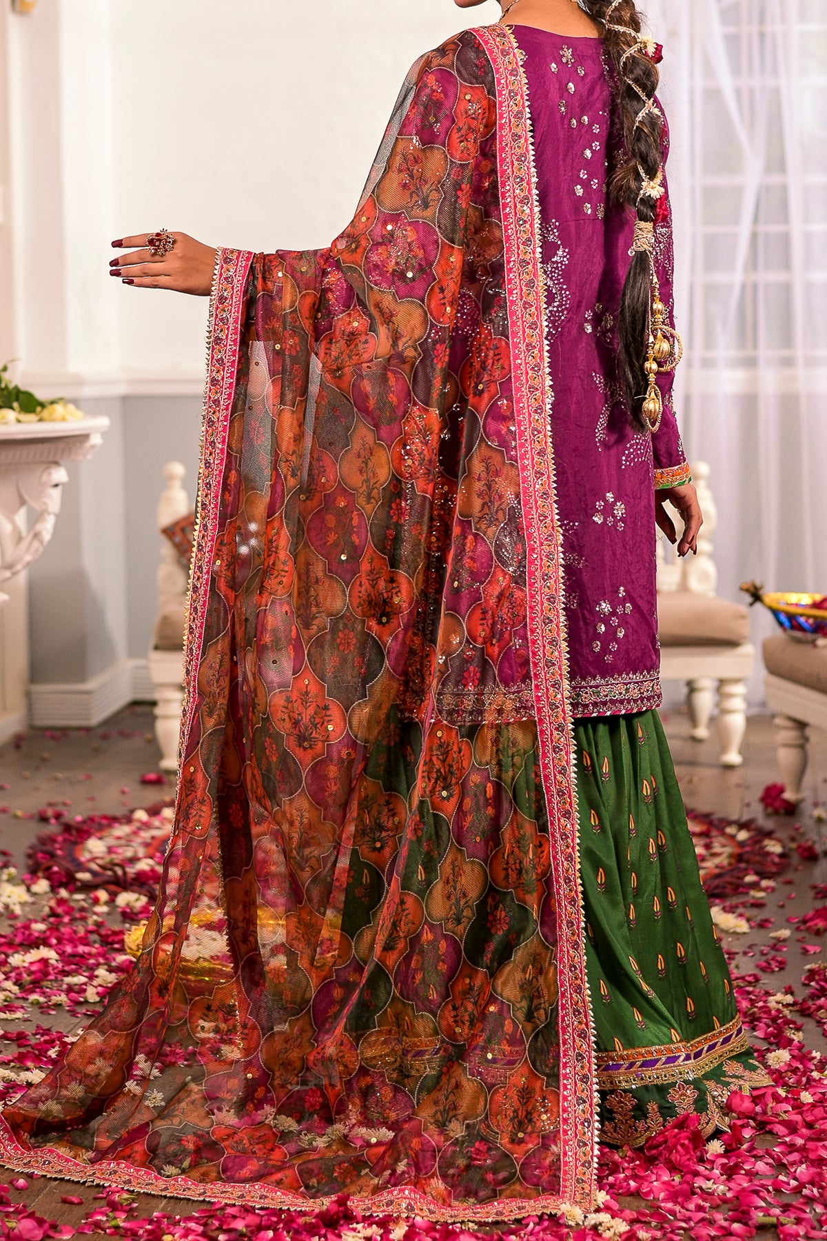 Purple and green embroidered shirt gharara set with dupatta — Pakistani formal wear