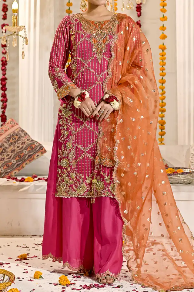Pink chiffon embroidered sharara set with kacha tilla dupatta for weddings