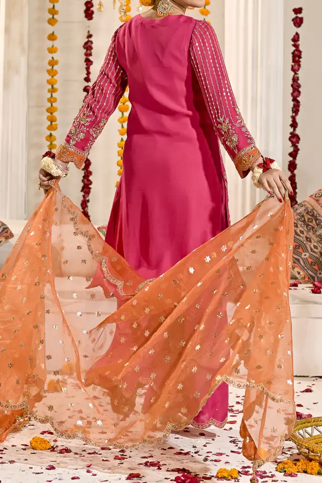 Pink chiffon embroidered sharara set with kacha tilla dupatta for weddings
