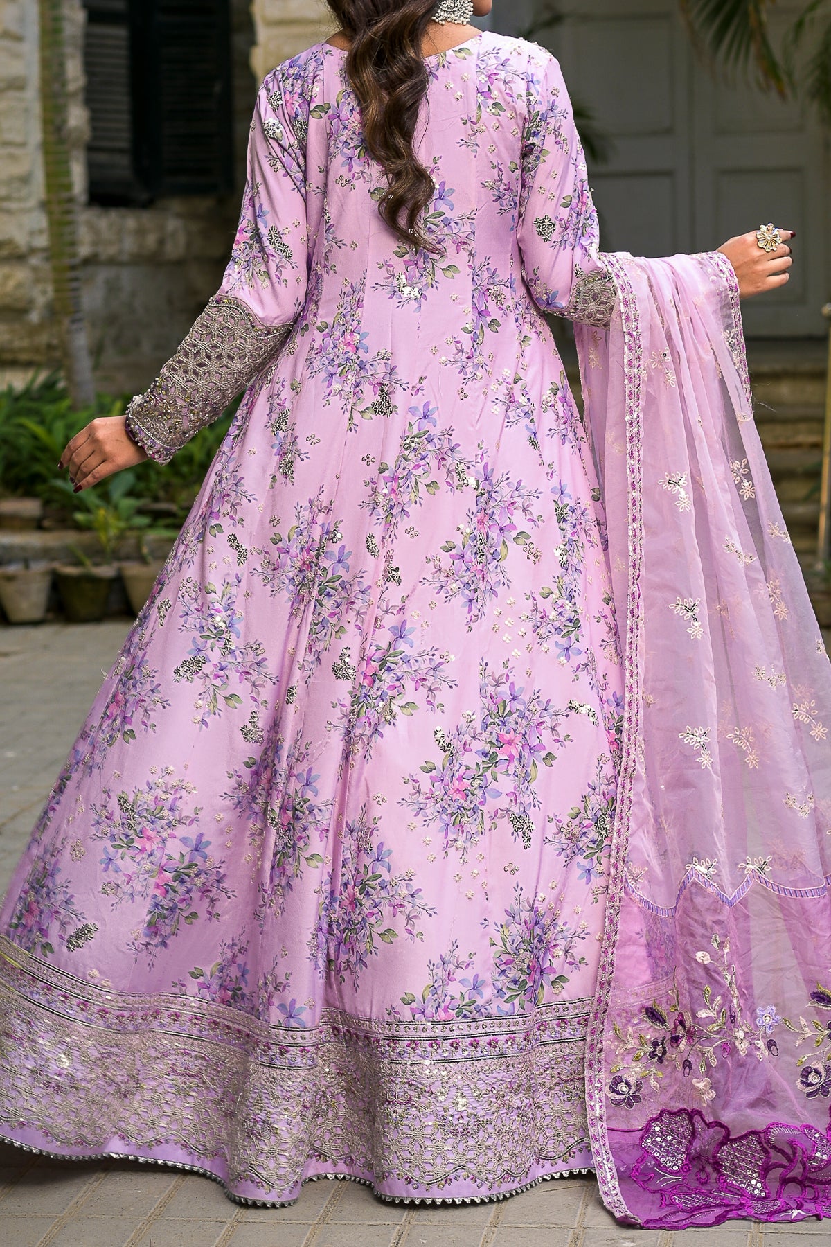 mauve embroidered maxi dress with dupatta