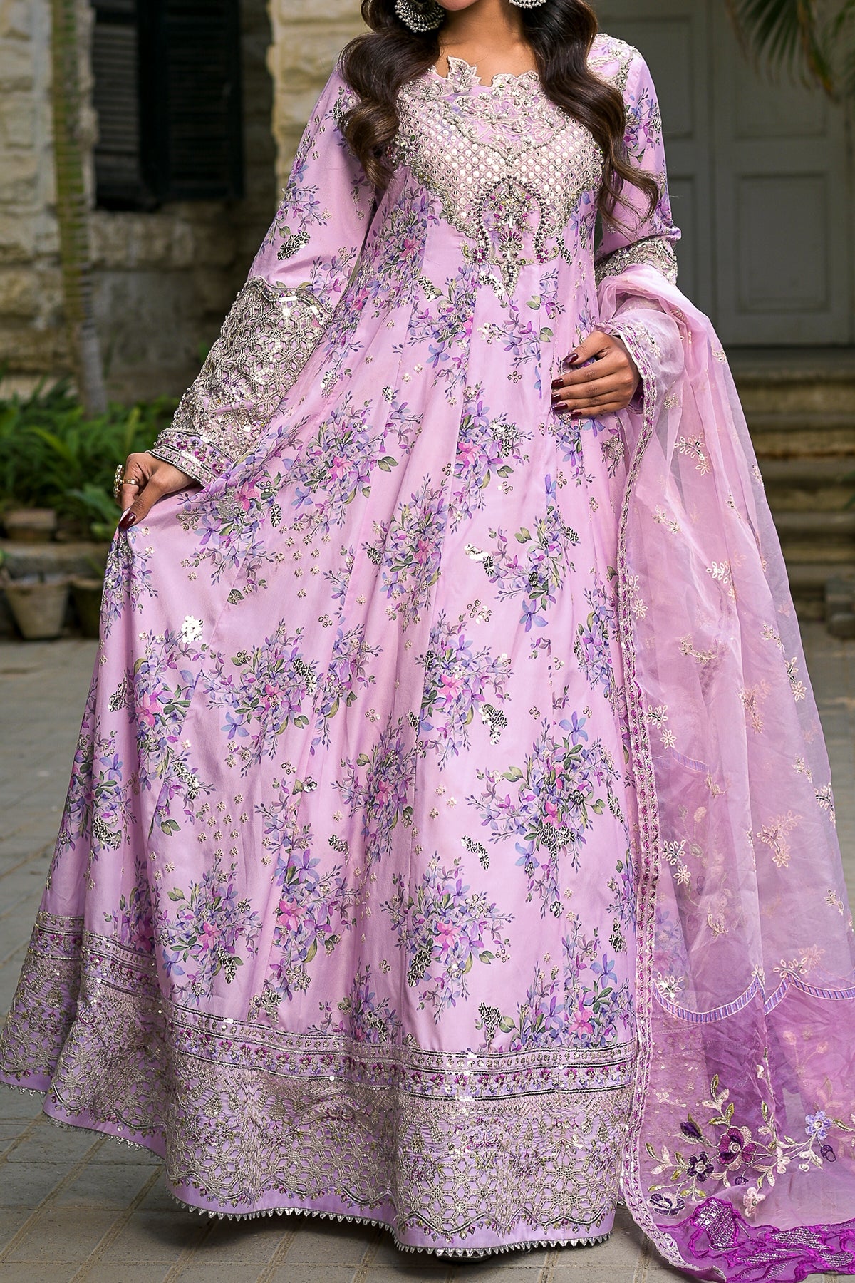 mauve embroidered maxi dress with dupatta