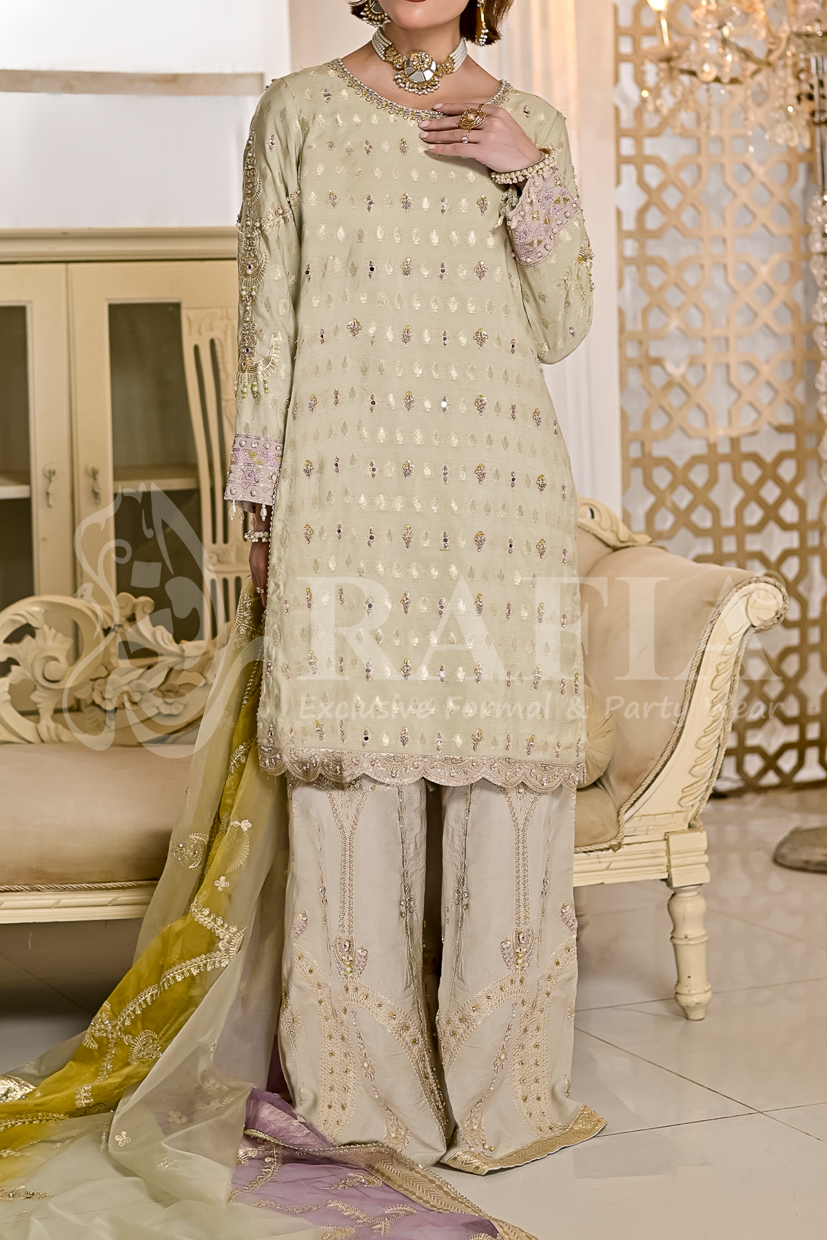 Pistachio Jacquard Sharara Suit | 3-Piece Pret | Zarufa Creations | RK-1288