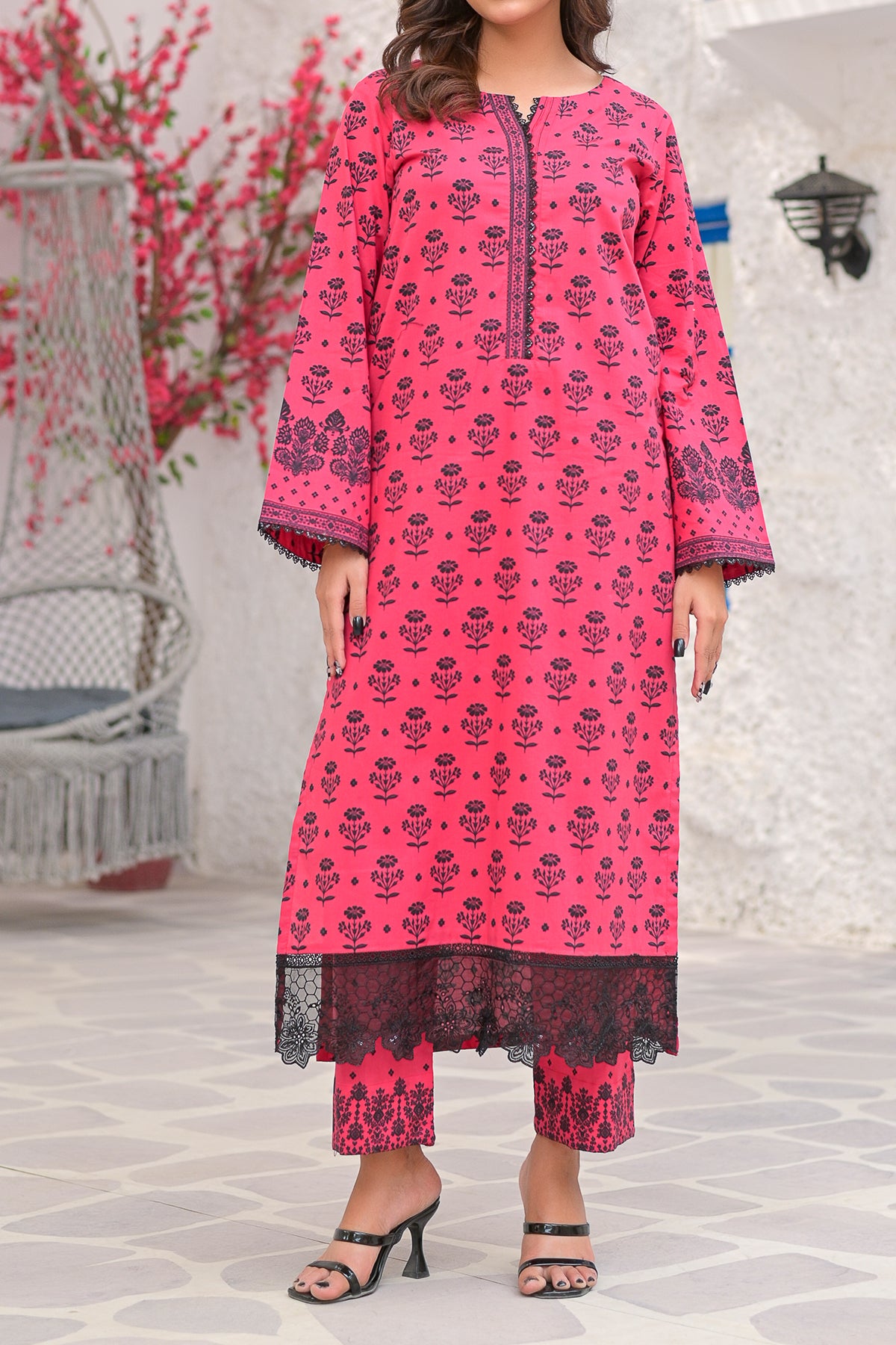 Bloom Pink & Black Floral Digital Print Lawn 2-Piece Suit | Embroidered Patch | DPC-447