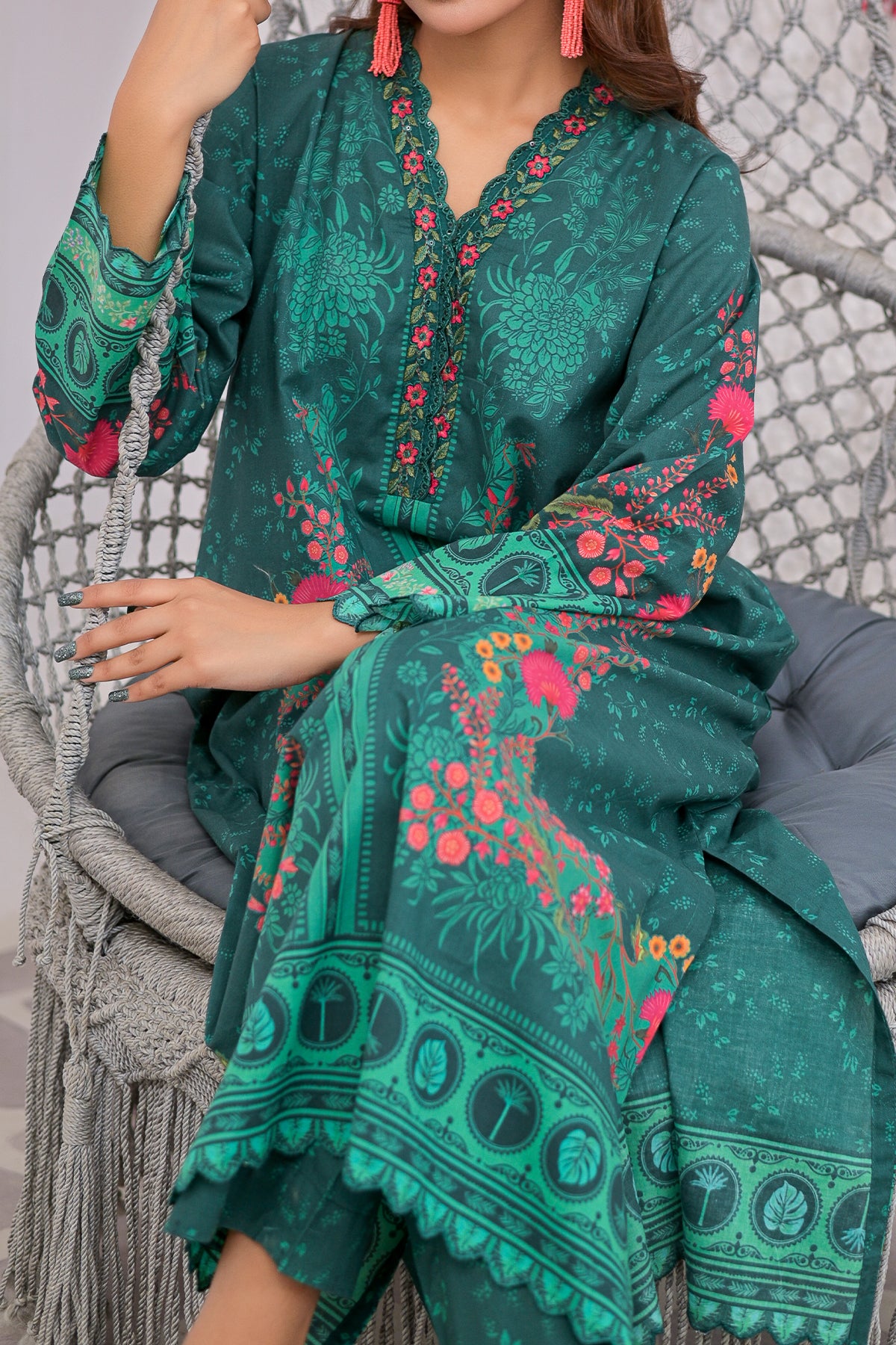 Ocean Green Floral Printed Lawn Suit | Embroidered Neckline | 2-Piece | DPC-448