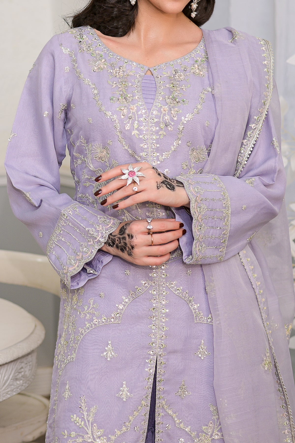 Lilac Embroidered Shirt Sharara 3-Piece | Soft Slub & Viscose | FJ-286