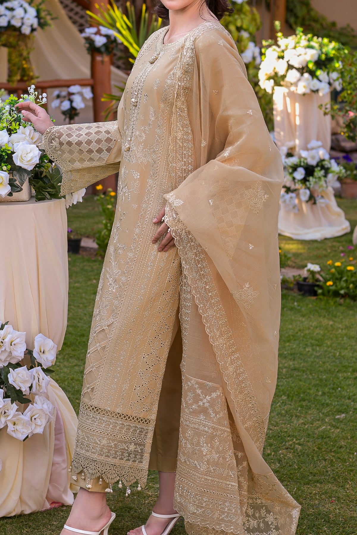 Skin Embroidered Cotton 3-Piece Suit | Organza Dupatta | CTN-466 Skin