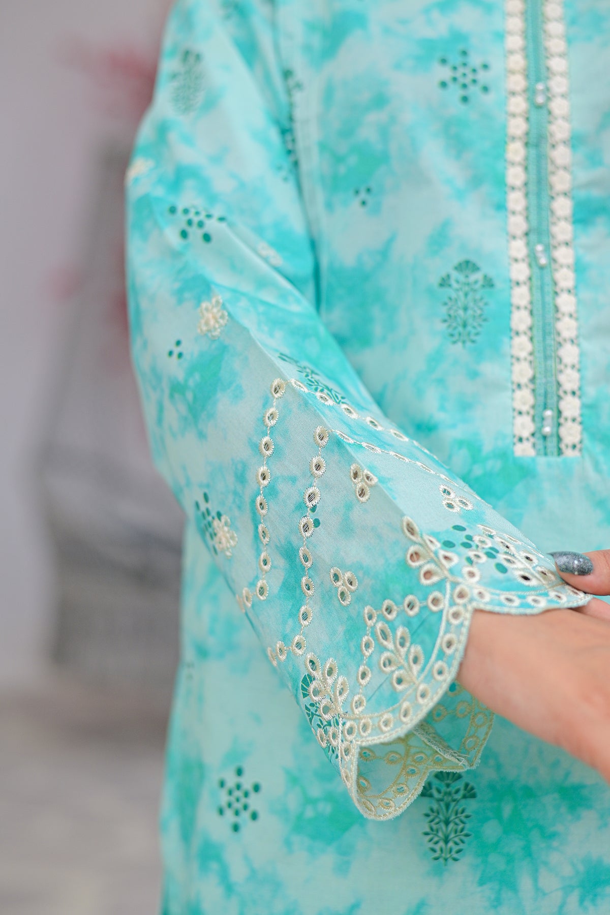 Aqua Green Floral Print 2-Piece Lawn Suit | Lace & Embroidered Sleeves | DPC-449