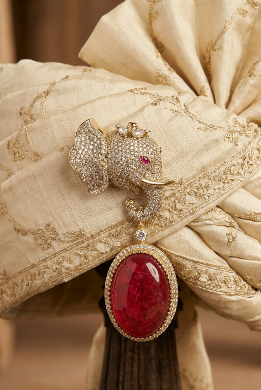 22K gold plated Kalgi brooch with zirconia and glass ruby drops – men's Safa pin ZC1710