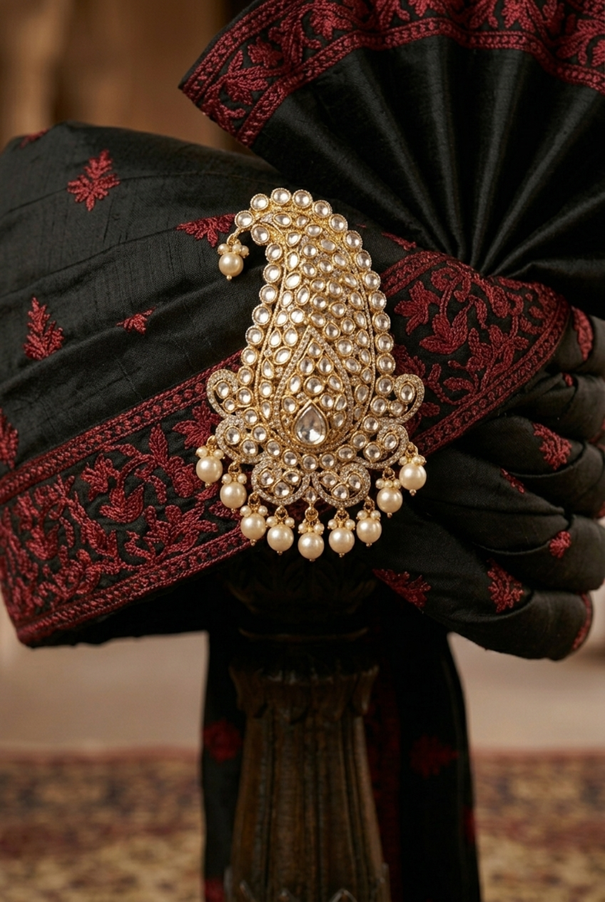22k gold plated Kundan Kalgi brooch for men with water pearl drops – ZC2120