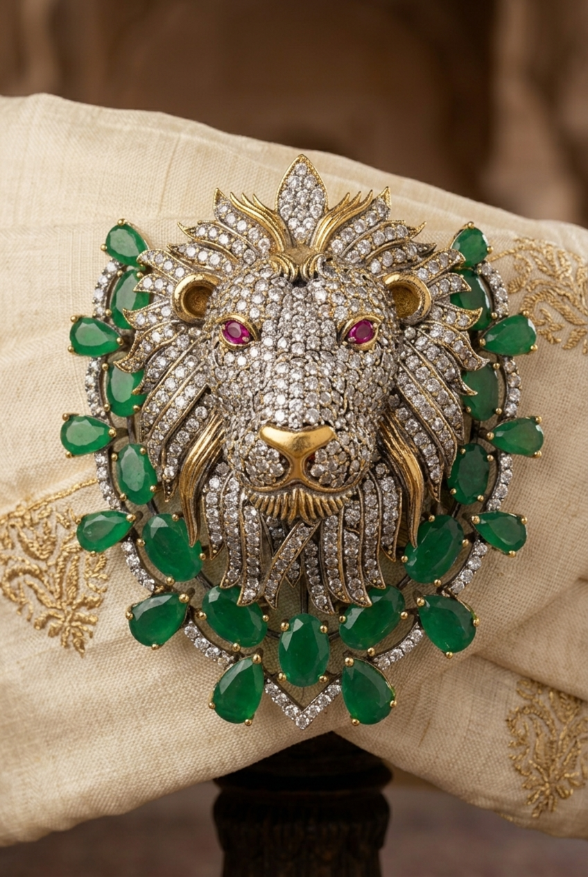 22k gold plated Kalgi brooch with Zirconia stones and glass Emerald Ruby drops for men's Safa