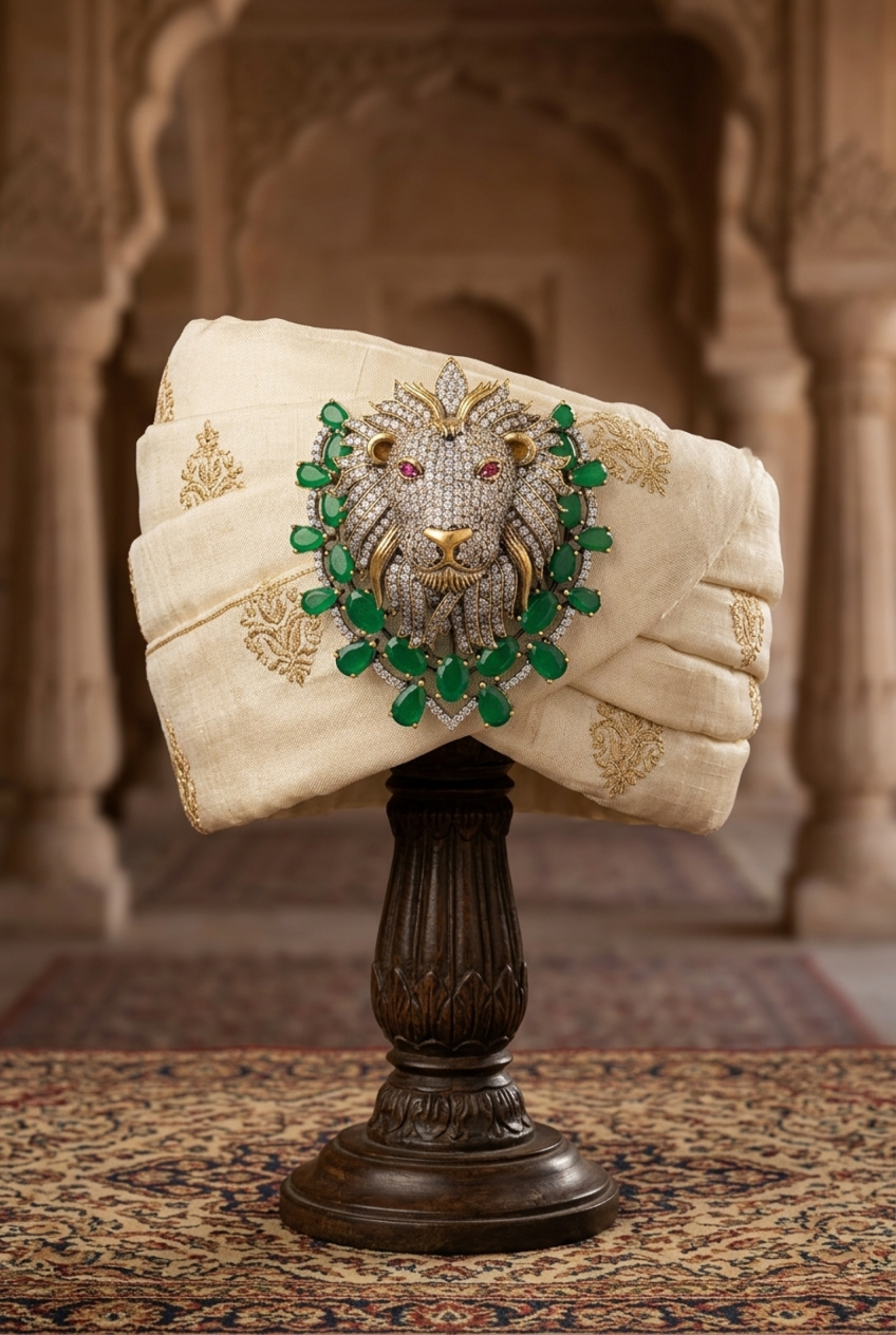 22k gold plated Kalgi brooch with Zirconia stones and glass Emerald Ruby drops for men's Safa