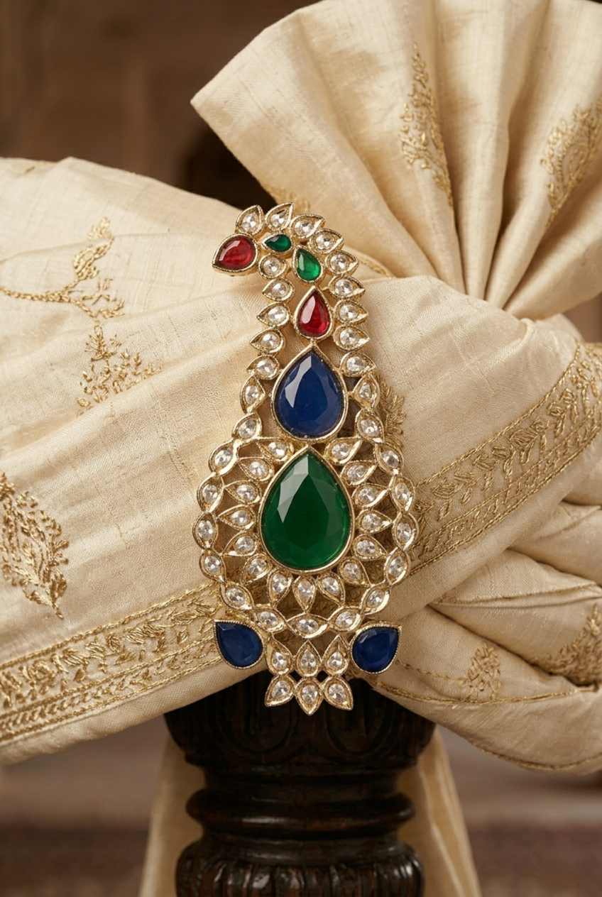 22k gold plated Kalgi brooch with glass emerald sapphire and meenakari for safa – ZC355
