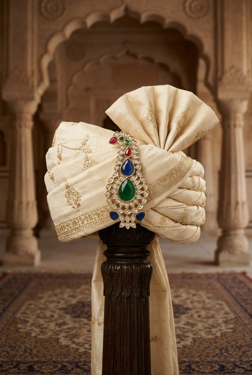 22k gold plated Kalgi brooch with glass emerald sapphire and meenakari for safa – ZC355