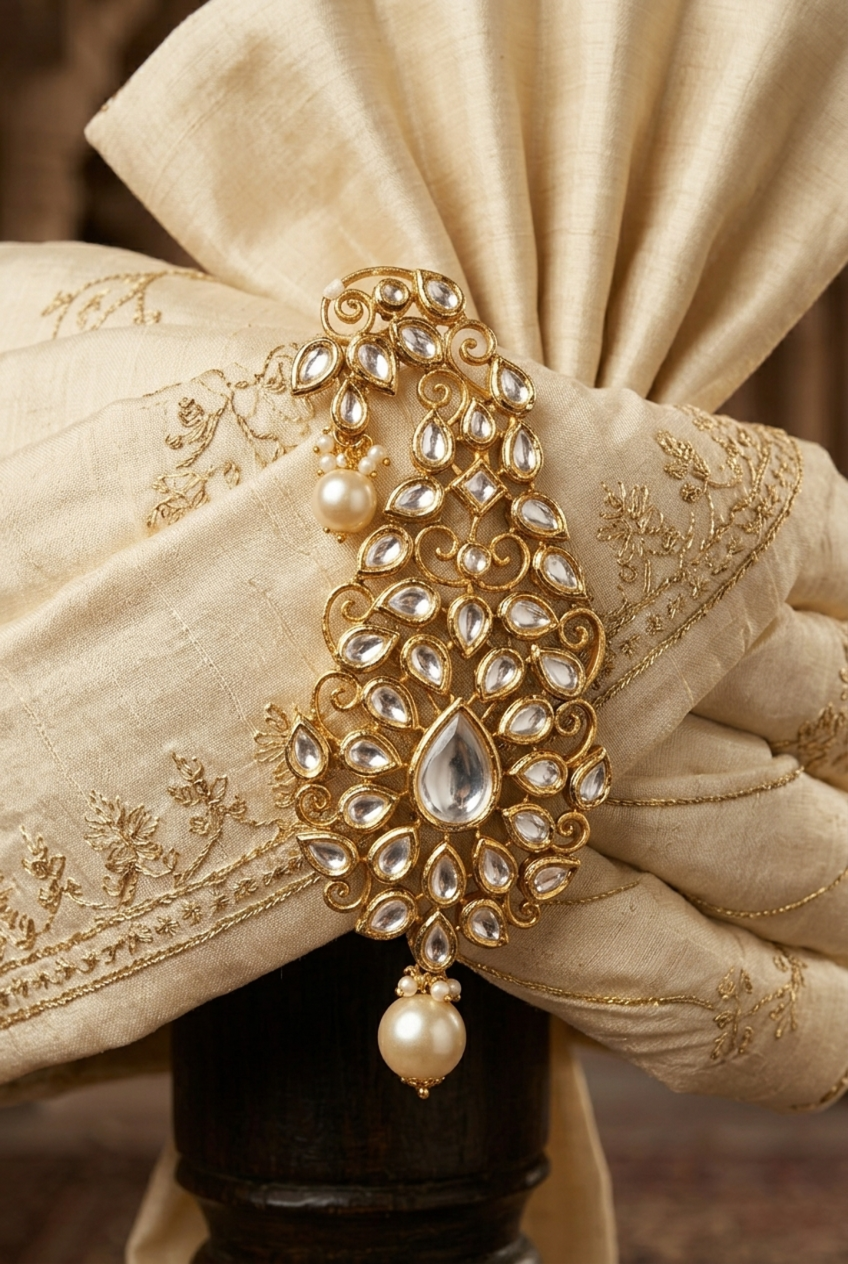 22k gold plated Kundan Kalgi brooch for men with water pearl drops – ZC4092