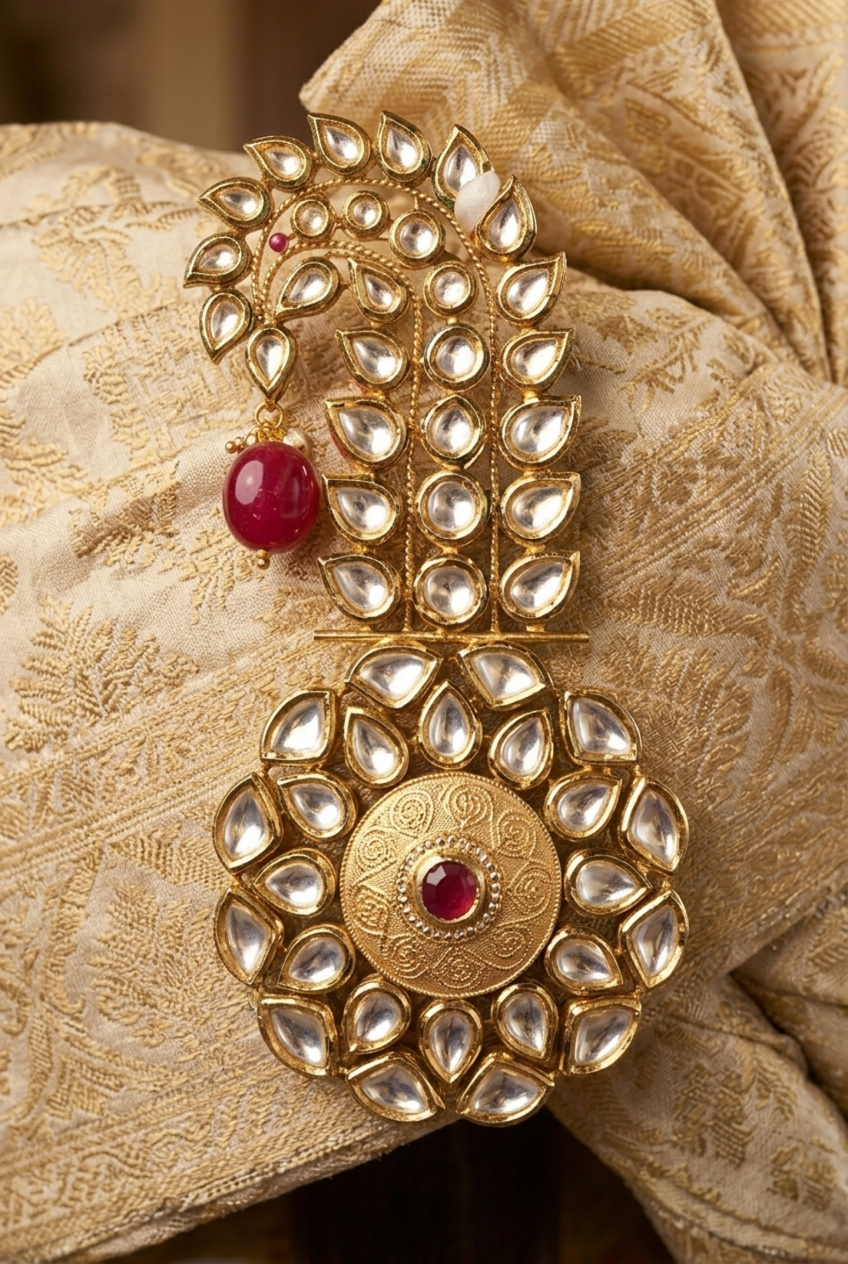 22K gold plated Kalgi brooch with Kundan and Zirconia stone setting for groom's turban