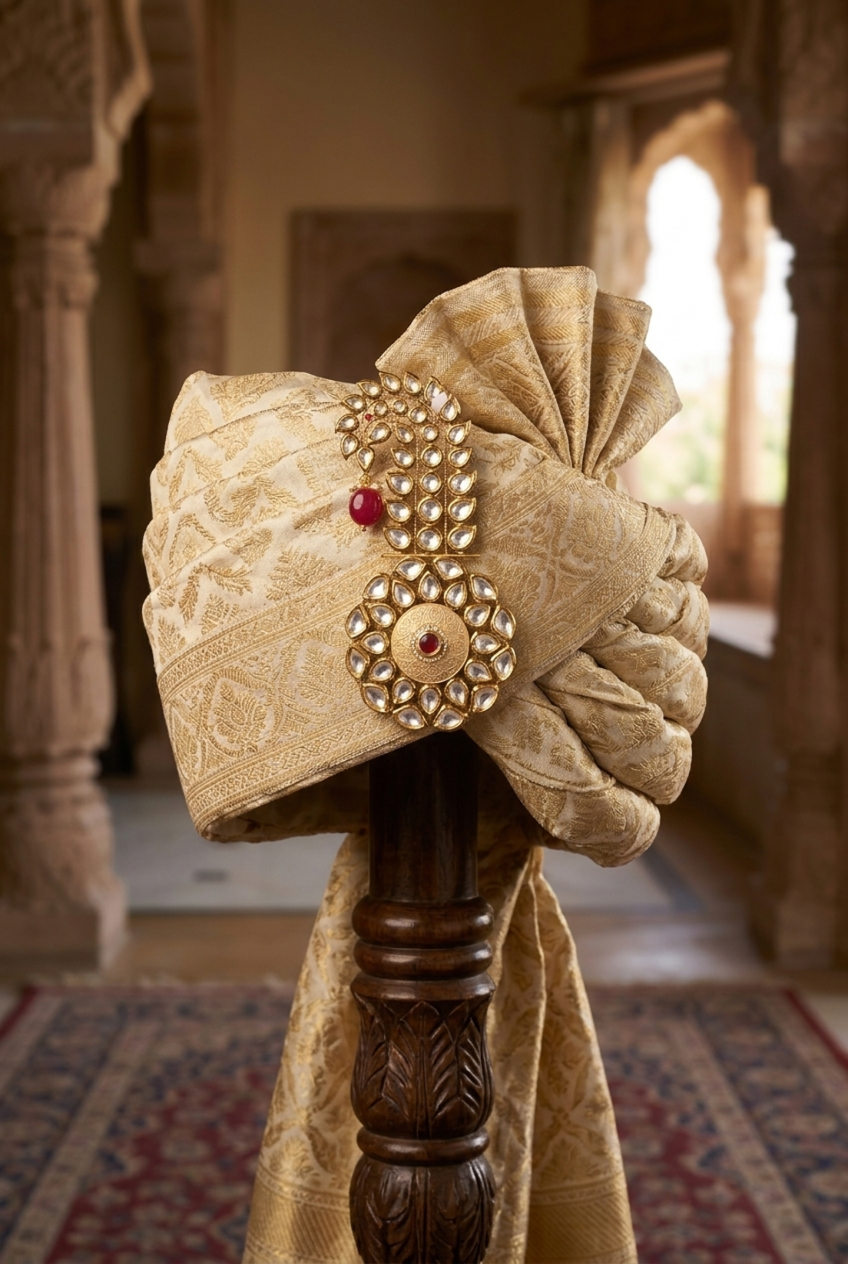 22K gold plated Kalgi brooch with Kundan and Zirconia stone setting for groom's turban